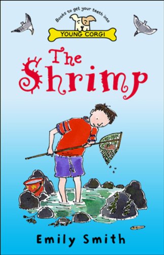 Book cover: boy with net searching for shrimp among rocks.