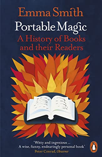 Book cover for Portable Magic by Emma Smith featuring an open book amidst flames.