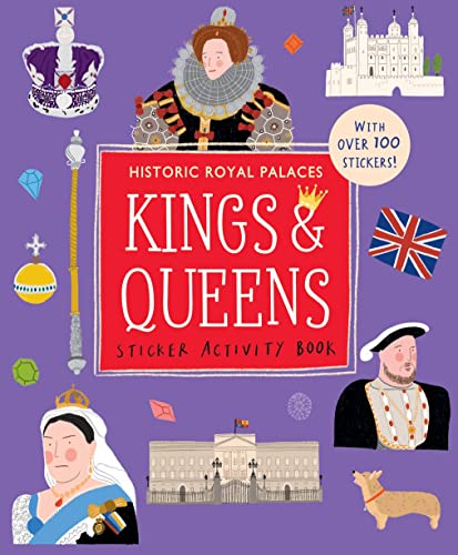 Purple sticker activity book cover featuring illustrations of royals, palaces, and British regalia.