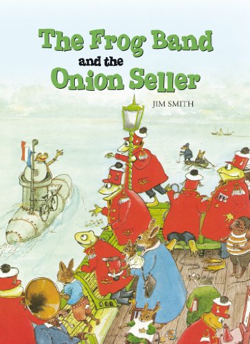 Frogs in red uniforms with a submarine and other animals.
