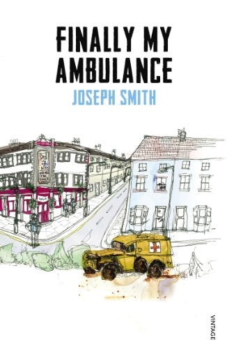 Book cover with sketched street scene and a yellow ambulance.
