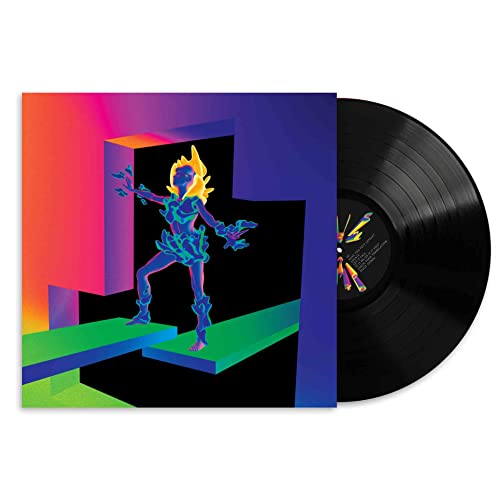 Vinyl record and album cover featuring a stylized figure against a colorful geometric background.