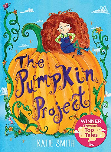 Book cover: girl sitting on a large pumpkin, illustrated style.