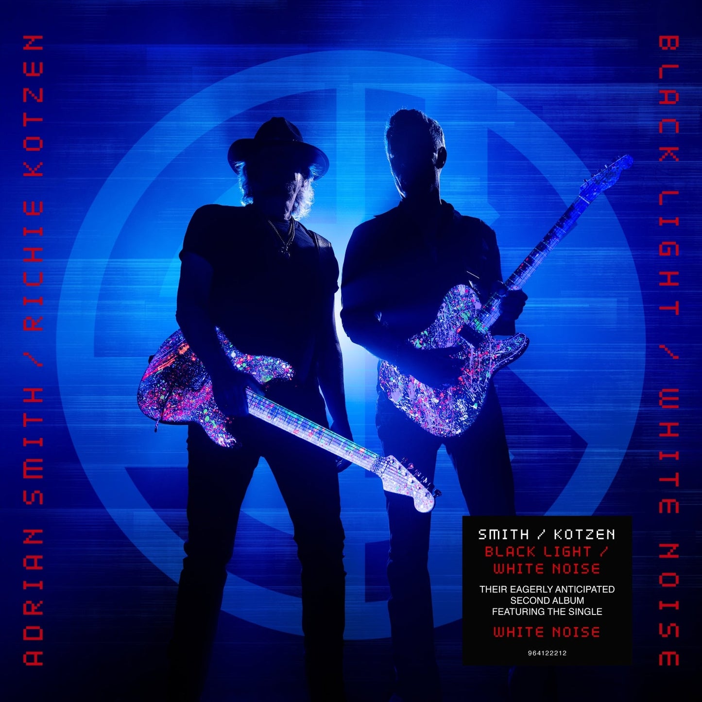 Silhouetted figures of Adrian Smith and Richie Kotzen holding paint-splattered electric guitars against blue light.