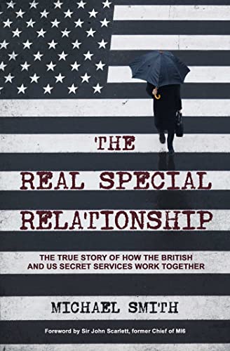 Book cover: person with umbrella on striped American and British flags.