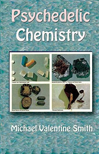 Book cover titled Psychedelic Chemistry showing four panels of various chemical substances and mushrooms.