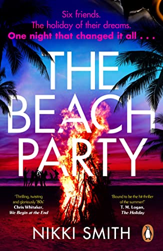 Book cover: "The Beach Party" with a bonfire and silhouetted figures.