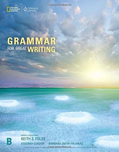 Textbook cover, "Grammar for Great Writing B," with a seascape background.