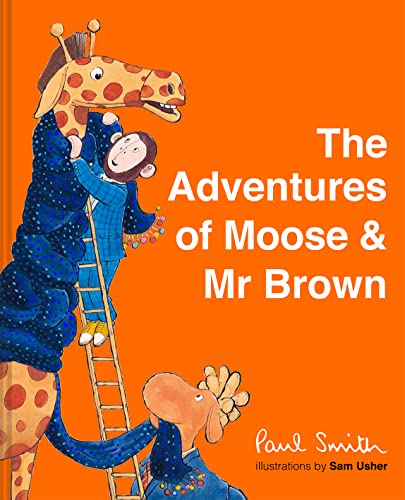 Orange book cover with giraffe, monkey on ladder, and moose.