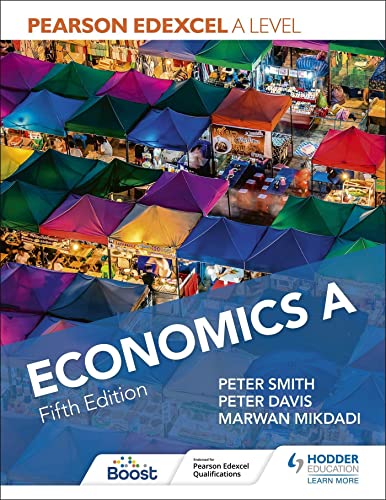 Textbook cover titled Pearson Edexcel A Level Economics A Fifth Edition featuring market stalls.