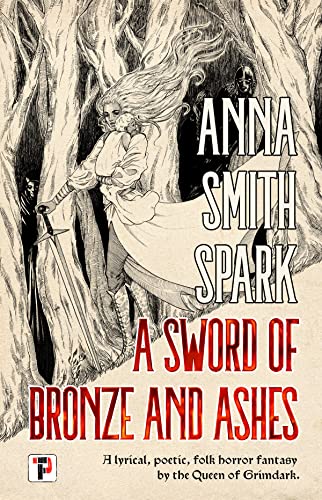 Book cover: woman with sword in a dark, swirling forest.