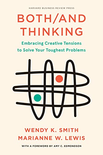 Book cover: "Both/And Thinking" with abstract line art and red/teal circles.