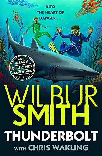 Book cover: divers swim with a shark in a vibrant underwater scene.