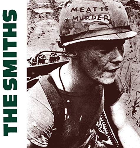 Black and white album cover featuring a soldier with “Meat Is Murder” on helmet.