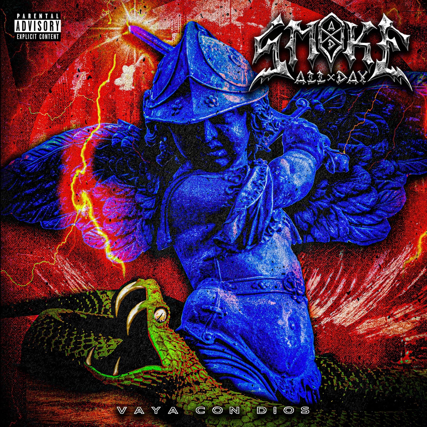 Blue statue with a snake, stormy red background, and album title.