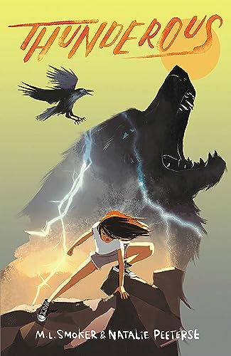 Book cover: wolf, girl, and raven with lightning against a yellow sky.
