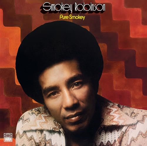 Smokey Robinson album cover, portrait with orange and brown geometric background.
