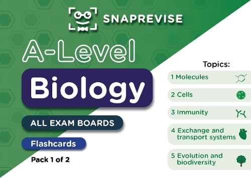 Snaprevise A-Level Biology Pack 1 flashcards cover five topics including cells and immunity.