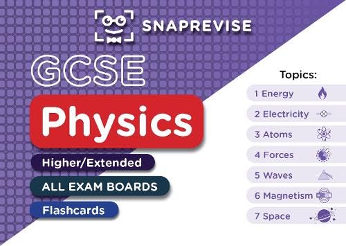 Purple and white "SnapRevise GCSE Physics Flashcards" with topic list.
