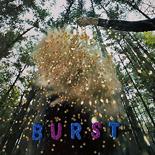 Forest scene with glitter burst and colorful “BURST” lettering.