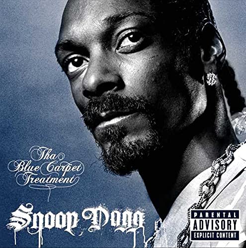 Close-up portrait of Snoop Dogg on a blue background with album title text.