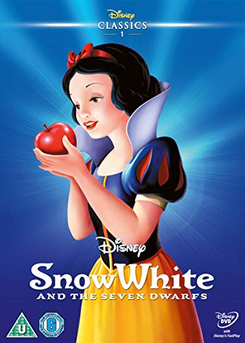 Snow White holding a red apple, DVD cover art.