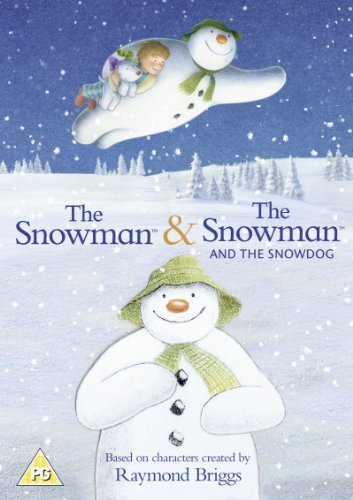DVD cover for "The Snowman" & "The Snowdog" featuring flying snowmen.