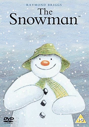 DVD cover art for The Snowman featuring a snowman wearing a green hat and scarf.