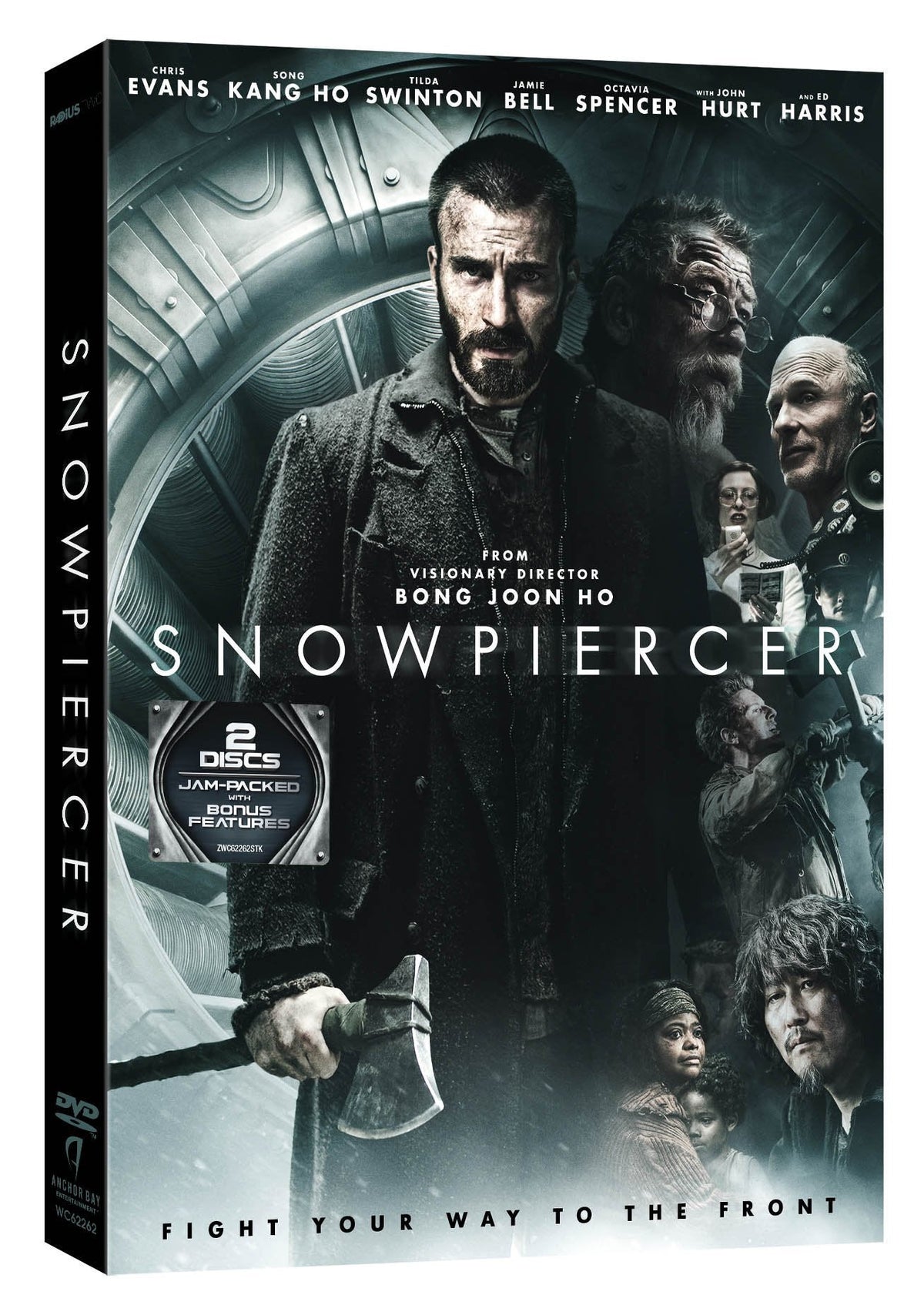 Snowpiercer" DVD cover featuring Chris Evans and cast in a dystopian scene.