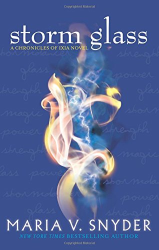 Book cover of Storm Glass by Maria V. Snyder featuring swirling smoke on blue.