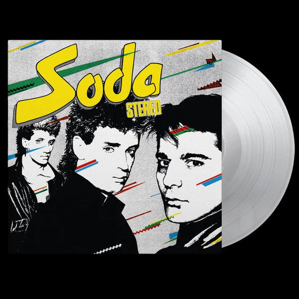 Soda Stereo album cover with three band members and a vinyl record.