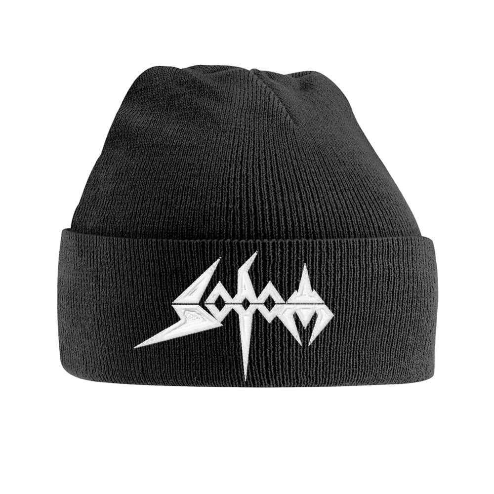 Black knit beanie with a white, jagged “SODOM” logo on the front.