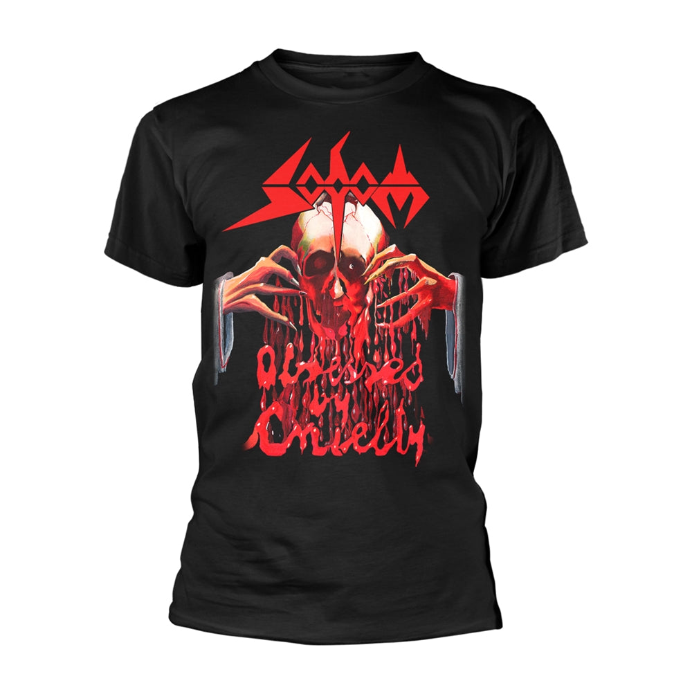 Black t-shirt with a red and white skull and band logo graphic.