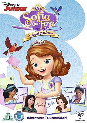 "Sofia the First A Royal Collection DVD cover featuring cartoon princess Sofia and other Disney princesses."