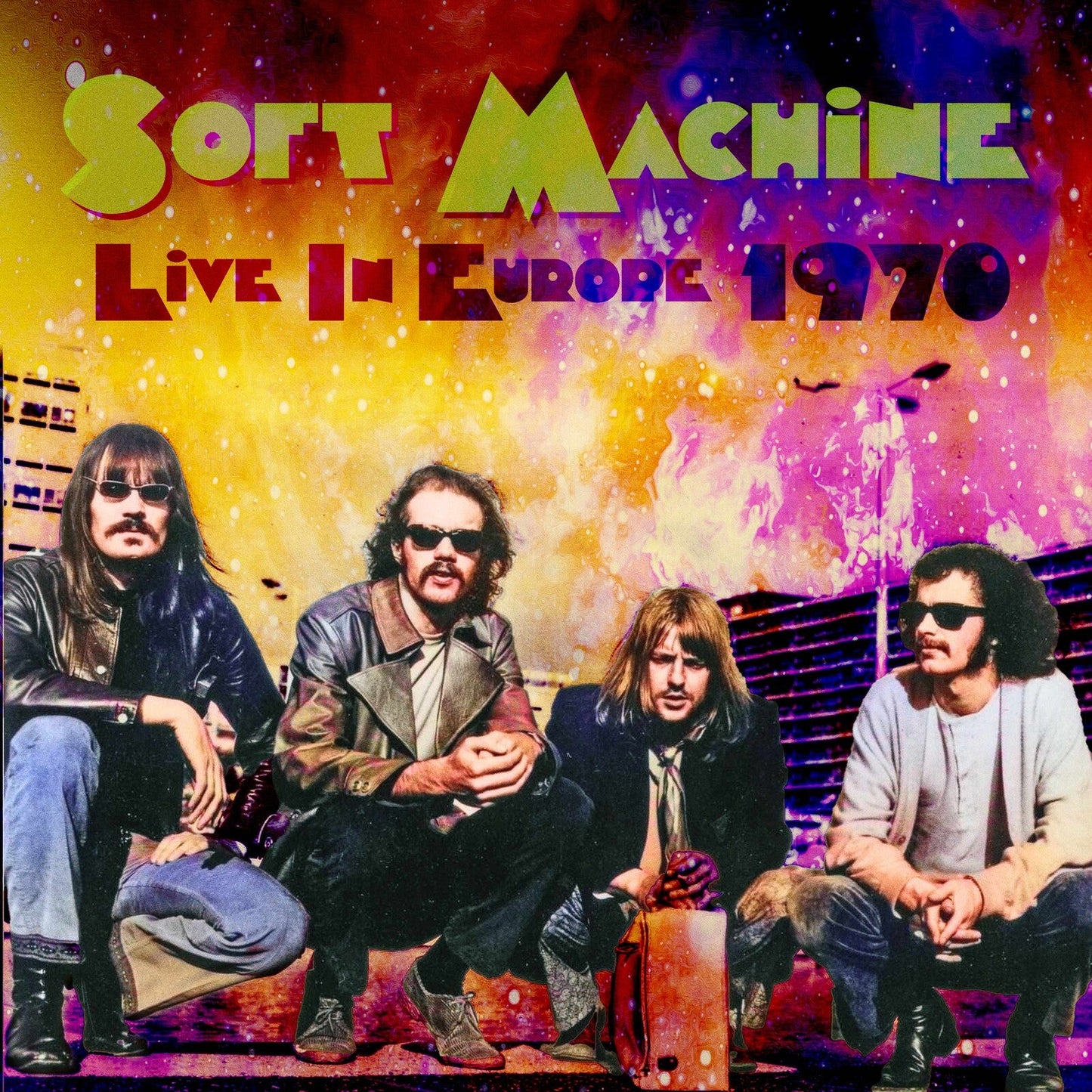 Four men in sunglasses crouch before a vibrant, fiery, and abstract cosmic background.