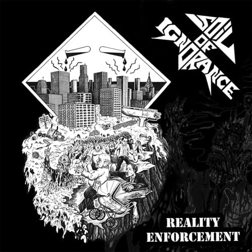 Black and white album cover with city skyline and chaotic imagery.