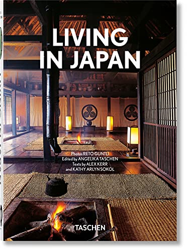 Book cover titled Living in Japan showing a traditional Japanese interior with a fireplace.