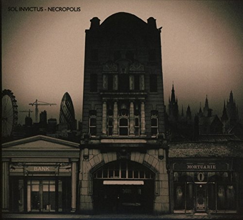 A dark, sepia-toned city scene featuring a building labeled Necropolis flanked by a bank.