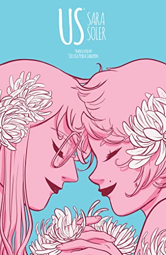 Two pink-toned figures with flowers in their hair face each other on blue background.