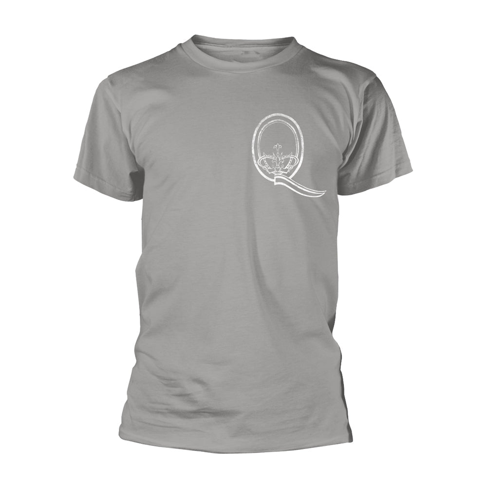 Gray t-shirt with a white crest design on the chest.