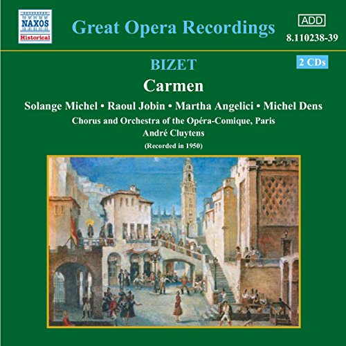 CD cover for Bizet’s “Carmen” opera, featuring a painted townscape.