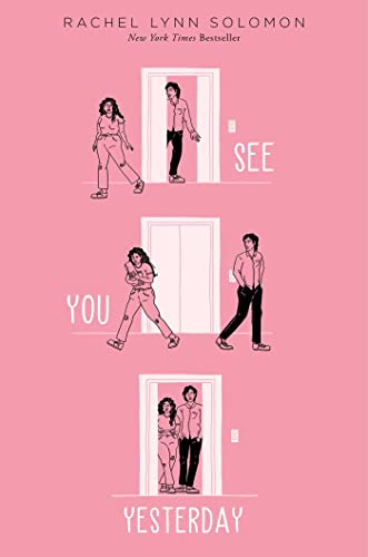 Book cover with illustrated figures in doorways on a pink background.