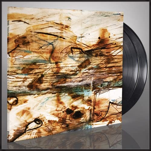 Vinyl record album cover with abstract brown and blue ink wash painting.
