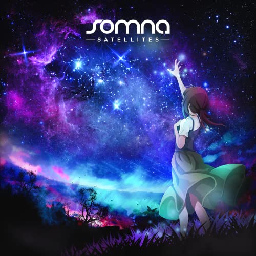 Anime girl reaching toward a vibrant purple and blue starry galaxy night sky.