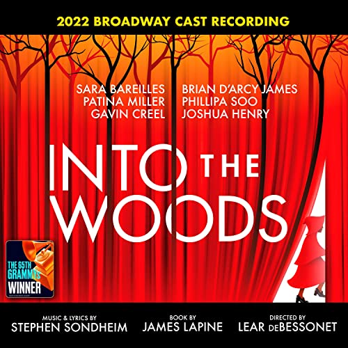 “Into the Woods” 2022 Broadway cast recording CD cover with red curtains.