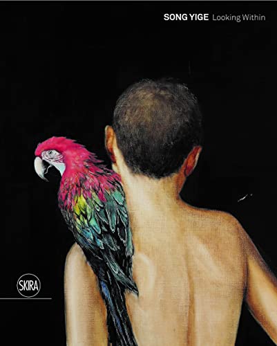Back view of a man with a colorful parrot on his shoulder.
