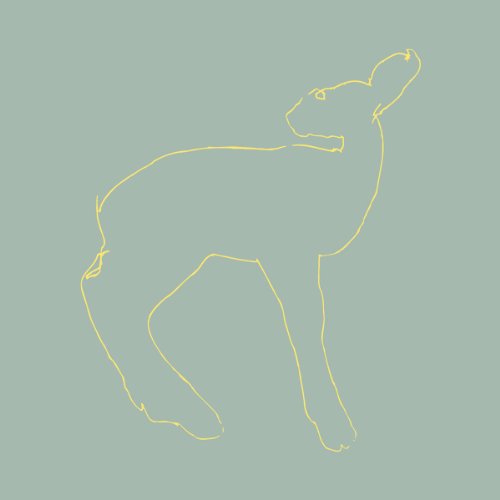 Yellow line drawing of a dog stretching on a pale green background.