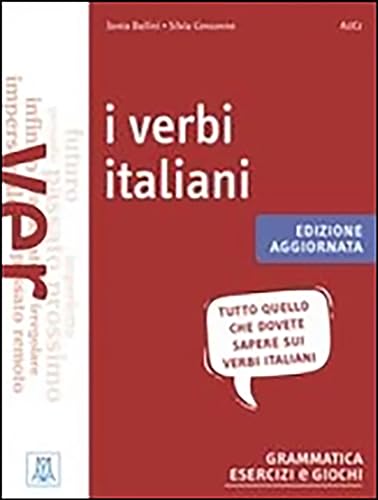 Red Italian grammar book titled "I verbi italiani" with white text.
