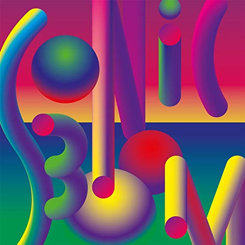 Abstract album cover with colorful, rounded shapes and gradient background.