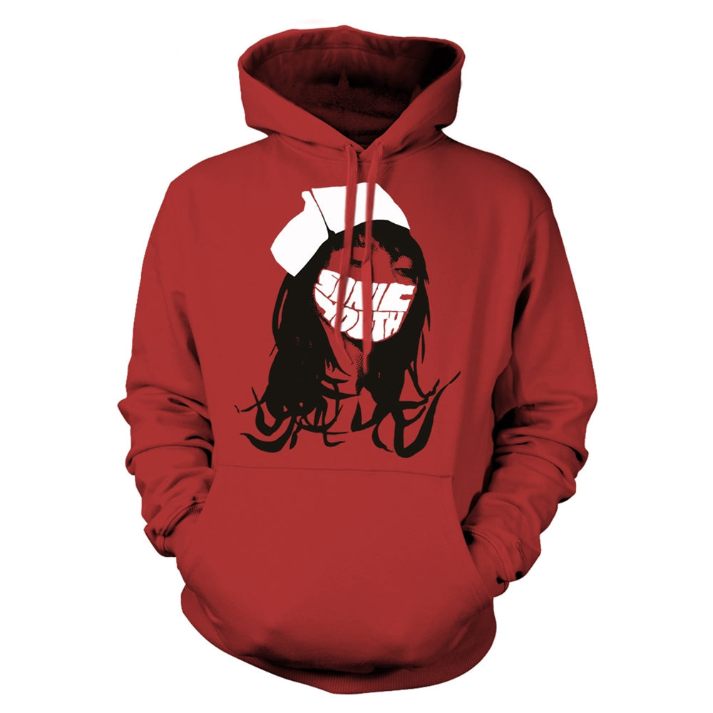 Red hoodie with black graphic of a nurse and band name.